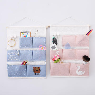 Cartoon Cotton and Linen Cartoon 7-Pocket Hanging Storage Bag Bedroom Storage Bag Cloth Storage Bag