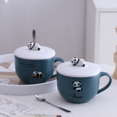 Cartoon Hand-Painted Three-Dimensional Panda Large Capacity Ceramic Cup Creative Mug with Cover Spoon Korean Style Student Water Cup Generation