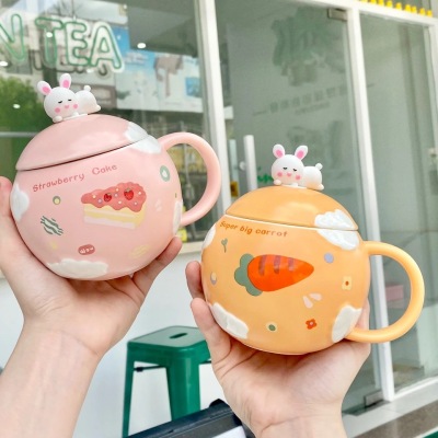 Internet Celebrity Cute Cartoon Ceramic Cup Mug with Cover Spoon Carrot Girl Breakfast Coffee Milk Cup