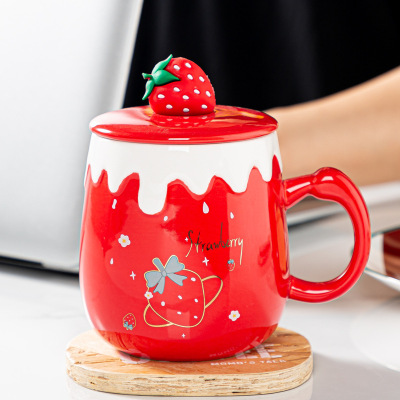 Cute Ceramic Cup Girl Heart with Cover Spoon Mug Strawberry Large Capacity Creative Home Breakfast Coffee Cup Gift