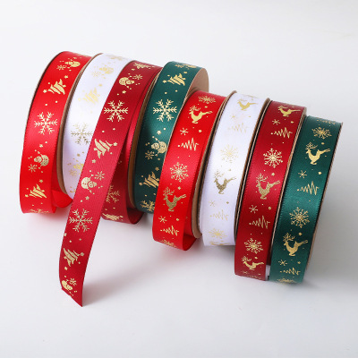 2021 Cross-Border New Christmas Ribbon Package Ribbon Bronzing Printing Thread Belt Christmas Ribbon in Stock Wholesale