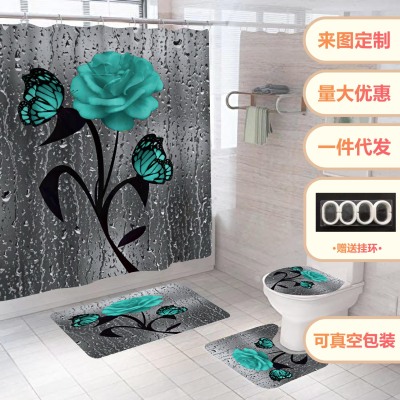 Rose Series Waterproof Polyester Shower Curtain FourPiece Set Tens of Thousands of Flowers Can Provide Vacuum Packaging