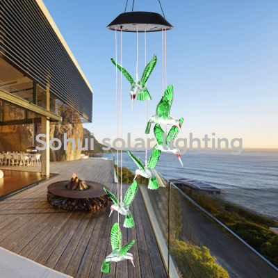 Solar Wind Chime Outdoor Waterproof Led Colorful Color Changing Hummingbird Butterfly Hanging Solar Wind Chime Garden Lamp