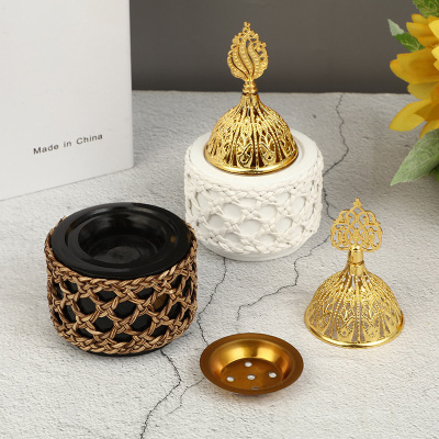 Factory Direct Supply Wood Color Hollow Woven Resin Craft Decoration Fashion Arabic Style Home Incense Burner in Stock