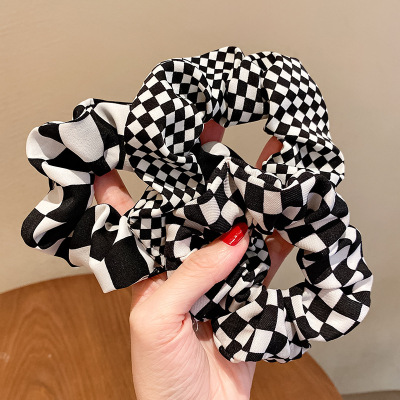 Modern Chessboard Grid Series Hair Accessories Black and White Plaid Large Intestine Ring Headband Wide Headband Fabric Hair Rope Japanese and Korean Headband for Women