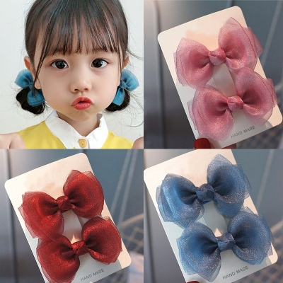 European and American Ins Pearl Yarn Bow a Pair of Hairclips Barrettes 2-Piece Set Children's Cloth Female Hairpin Sweet Mesh