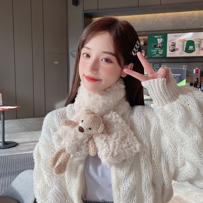 Autumn and Winter Warm Velvet Scarf Female Bear Embroidery Three-Dimensional Cross Thickened Imitation Fur Rex Rabbit Fur Scarf All-Matching