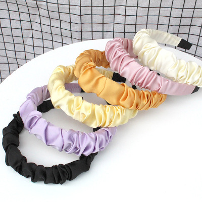 New Korean Style Simple and Fresh Headband Hundred Fold Wrinkle Solid Color Satin High-End Headband Candy Color Face Wash Hair Bands