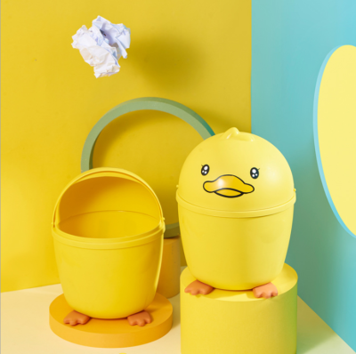 Desktop Trash Bin Mini Lift the Lid Cartoon Shape Small Yellow Duck Trash Can with Lid Japanese Household 