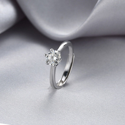 Wedding Jewelry S925 Sterling Silver Six-Claw Setting D Color Moissanite 1 Karat Ring Female Opening Adjustable Single Ring