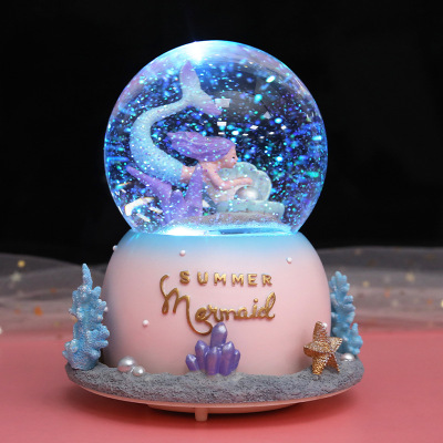 Mermaid Shell Pearl Girl Heart Crystal Ball Music Box Snowflake Rotating Snow Eight Tone Children's Birthday Gifts