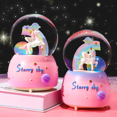 Girl Heart Unicorn Crystal Ball Music Box Decoration Snow Cartoon Rainbow Eight Tone Children Students' Birthday Present