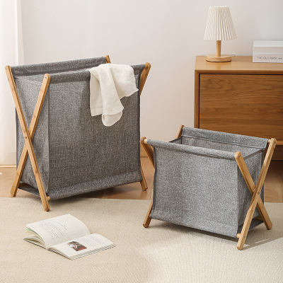 Bamboo Wooden Frame Folding Dirty Clothes Basket Fabric Home Dirty Clothes Storage Basket Multi-Purpose Simple Home Laundry Basket