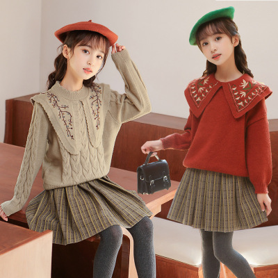 Girls' Winter Set Thick Retro Sweater Pleated Skirt Suit Teen Girl's Clothing Women's Teenager's Suit Autumn and Winter 170