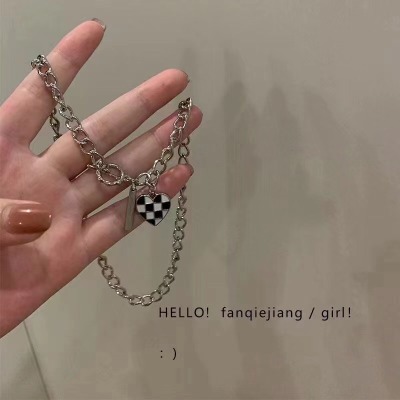 New 925 Silver Popular Chessboard Grid Love Necklace Bracelet Distressed Special-Interest Design Ins Cold Style Retro Simple