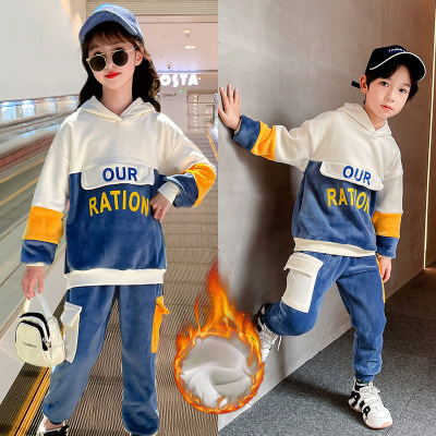 New Winter Clothes Children's Clothing Gold Velvet Boys and Girls Autumn Children and Teens' Sweater Hooded Suits One Piece Dropshipping