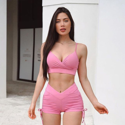 European and American AliExpress Cross-Border Solid Color Sling Cross Tank Top Pleated Lace-up Shorts Fitness Sports Two-Piece Set
