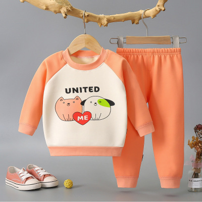 Children's Suit Soft Cartoon Underwear Suit Korean-Style Fleece-Lined Thickened Clothes Spring and Autumn Children's Sweater Two-Piece Suit