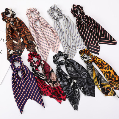 Europe and America Cross Border New Square Scarf Ribbon Large Intestine Ring Leopard-Print Chain Vintage Square Scarf Knotted Hair Ring Factory Wholesale