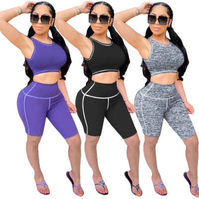 European and American Women's Clothing Cross-Border Supply Casual Sports Bicycle Shorts Sleeveless Suit Yoga Clothes Two-Piece Suit