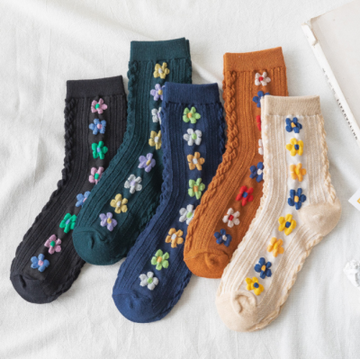 Socks Women's Mid Tube Stockings Flower Socks Korean New Retro Embossed Japanese Chic Elegant Small Flower Long Socks