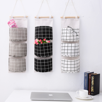 New Creative Cotton and Linen Waterproof Hanging Storage Bag Three-Layer Compartment Plaid Fabric Art Hanging Buggy Bag