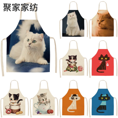Chef Kitchen Apron Female Cute Cartoon Cat Printed Sleeveless Cotton Linen Apron Home Cooking Household Cleaning Tools