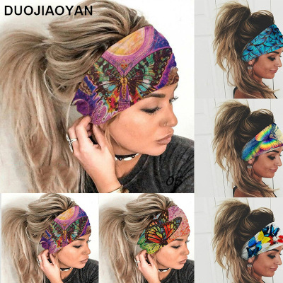Europe and America Cross Border New Elastic Colorized Butterfly Sports Wide Version Hair Band Sweat Headband Ladies Headdress in Stock Wholesale