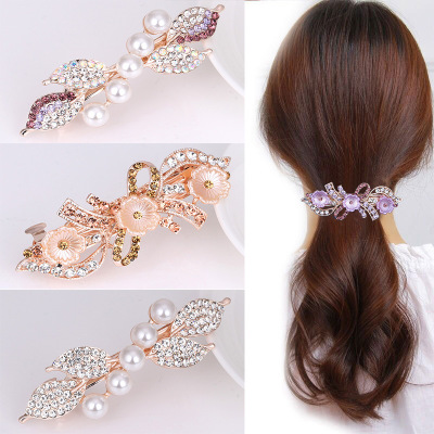 Korean Style Pearl Rhinestone Bow Barrettes Simple Ladies Headdress Flower Spring Cross Clip Ponytail Clip Hair Accessories Large