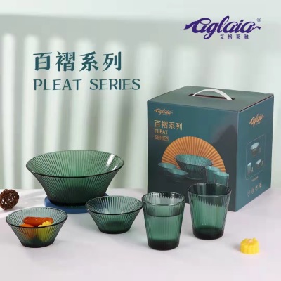 New High-End Gift Glass Pleated Lotus Pond Moonlight Series Green Bowl Cup Gift Box (Two/Three/Four/Five)-Piece Set