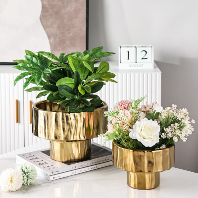 Golden Fort Nordic Ceramic Flower Pot Creative Style Light Luxury Vase Ornaments Vase Decoration Electroplated Golden Vase Factory Batch