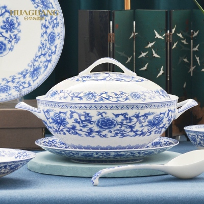 Huaguang Ceramic Porcelain Bone China Tableware Suit Bowl And Dish Set Household In-Glaze Decoration Chinese Blue And White Language