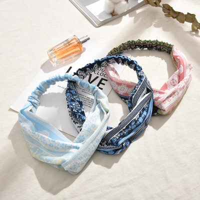 Korean Style Fresh Cross Girl Hair Band Chiffon Floral Elastic Headband Star Same Style Bangs Headband Wholesale