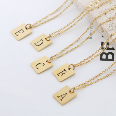 Europe and America Cross Border Titanium Steel 26 English Letters Square Plate Square Pendant Necklace 18K Gold Plating Short Necklace for Ladies Necklace