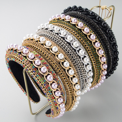 Headband New European and American Style Baroque Luxury Full Diamond Pearl Ball Catwalk Hair Accessories Sponge Wide-Edged Headband Women