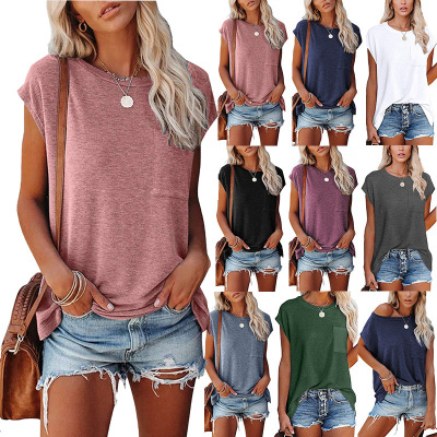 Cross-Border European and American Women's Clothing Amazon Independent Station Foreign Trade Solid Color round Neck Pocket Split Shoulder Short Sleeve T-shirt