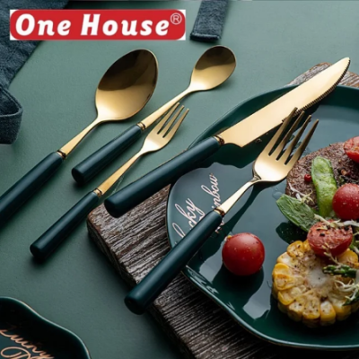 Dark Green Porcelain Handle Gold Plated Knife, Fork and Spoon