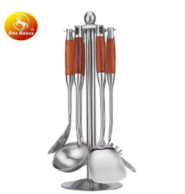 Rosewood Wooden Handle Kitchenware Seven Piece Set Non-Magnetic Stainless Steel Material Including Rotating Home Set