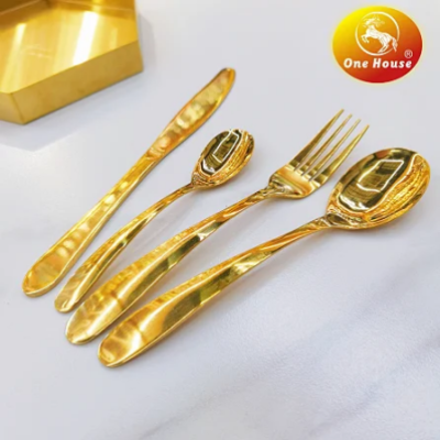 Stainless Steel round Head Curved Handle Tableware Gold-Plated Knife, Fork and Spoon Small Spoon