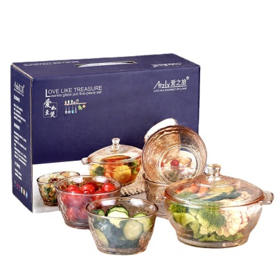 Tempered Glass Crystal Pot Microwave Oven Household Double-Ear Bowl Glass with Lid Soup POY Promotional Gift Tableware Set