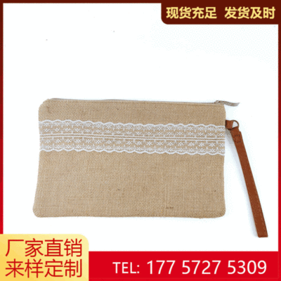 [Jute Handbag] Factory Direct Supply Lace White Striped Bag Natural Linen Pull Handbag Linen Wallet