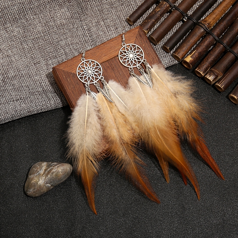 欧美跨境饰品波西米亚民族风耳饰六芒星太阳花长款渐变羽毛耳环