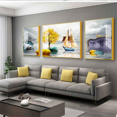 Factory Wholesale Atmospheric Crystal Porcelain Goldeer Living Room Wall Decorative Painting Aluminum Alloy Frame Wall Decoration Hanging Painting