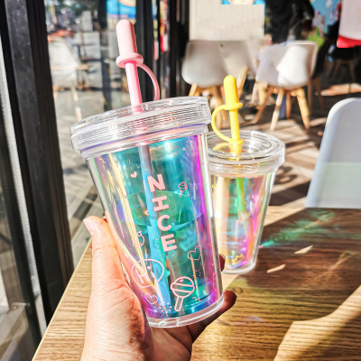 Aurora Double-Layer Cup with Straw Insulated Cup Cool Drinks Cup Milk Tea and Coffee Cups Creative Magic Color Changing Plastic Cup Summer