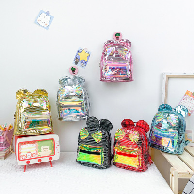 New Children's Bags Korean Style Grid Sequins Kindergarten Small School Bag Trend Bow round Ear Backpack