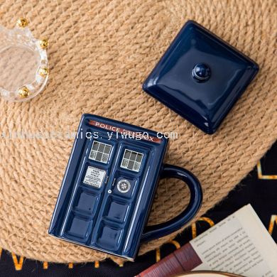 Creative UK Police Box Ceramic Cup New Exotic Telephone Booth with Lid Mark Coffee Cup Large-Capacity Water Cup