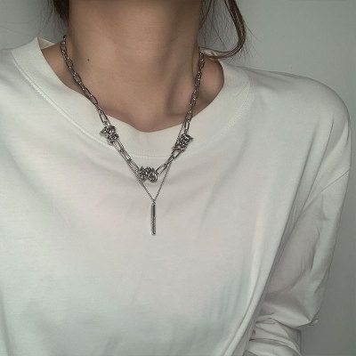 Diamond Pillar Double Layer Twin Necklace Female Summer Ins Tide Fashion Special-Interest Advanced Design Hip Hop Collarbone Accessories