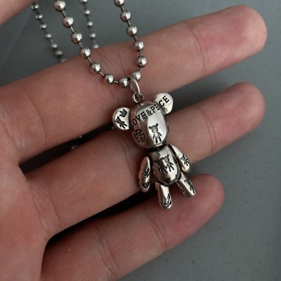 Korean Dongdaemun Retro Heavy-Duty Bear Sweater Chain 925 Sterling Silver Necklace Ins Women's Fashion All-Match Distressed Feeling