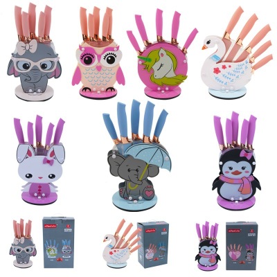 Production Customized Non-Stick Set Color Spray Paint Chef Knife Export Foreign Trade Printing Small Straw Knife Cartoon Knife Holder