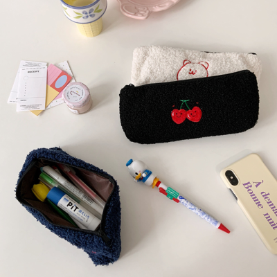 New Cherry Plush Pencil Bag Large Capacity Student Stationery Storage Bag Portable Fashion Pencil Bag